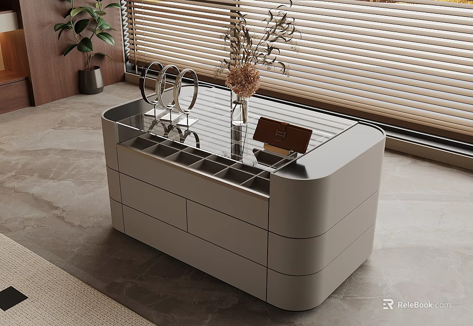 Modern Light Gray Storage Cabinet With Glass Top Drawers And Decorative Items 3d model 