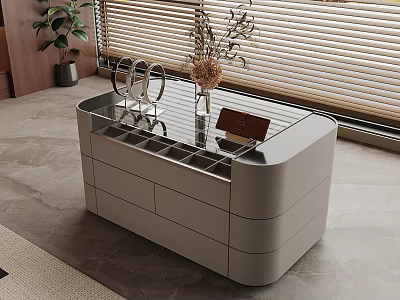 Modern Light Gray Storage Cabinet With Glass Top Drawers And Decorative Items 3d model
