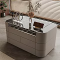 Modern Light Gray Storage Cabinet With Glass Top Drawers And Decorative Items