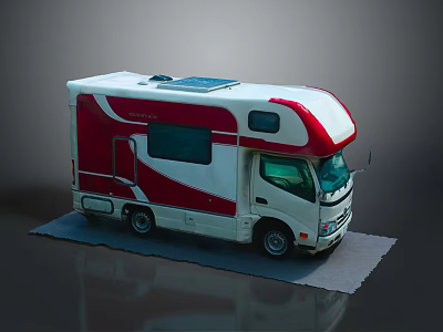 Red and White Motorhome With Solar Panel Roof Side Windows And Cabin 3d model