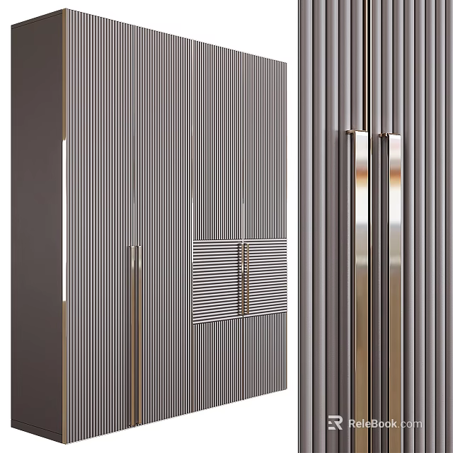 Modern Gray Wardrobe With Vertical Stripes And Sleek Metal Handles Exterior Design 3d model 
