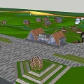 Scenic Park Landscape With Circular Wooden Pavilions And Leaf Shaped Decorations