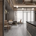 Elegant Modern Restaurant Interior With Marble Counter Wooden Tables Large Windows And Chandeliers