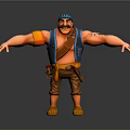3D Cartoon Style Muscular Character With Blue Hat Beard Arm Tattoos Waist Tools Arms Outstretched