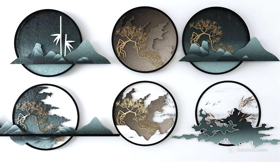 Elegant Zen Style Circular Wall Decor Featuring Bamboo Pine and Mountain Designs 3d model