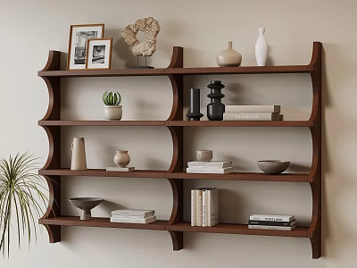Wooden Wall Mounted Shelf with Decorative Items Photo Frames Vases Books and Potted Plant 3d model