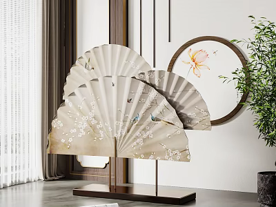 Decorative Ornament Set With Folding Fans Circular Wall Art And Green Plant In Modern Interior 3d model