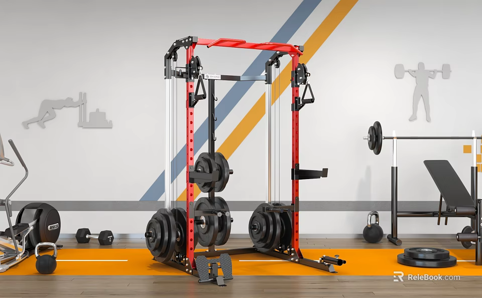 Home Gym Power Rack Setup With Weight Plates Barbell And Dumbbells On Striped Wall 3d model 