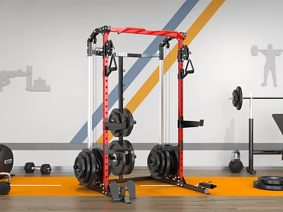 Home Gym Power Rack Setup With Weight Plates Barbell And Dumbbells On Striped Wall 3d model