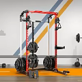Home Gym Power Rack Setup With Weight Plates Barbell And Dumbbells On Striped Wall