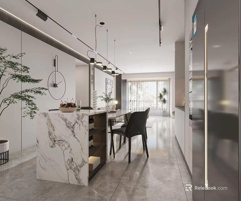 Modern Living Dining Area Interior Design With Marble Table Chairs Pendant Lights and Decor Plants 3d model 