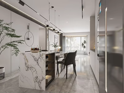 Modern Living Dining Area Interior Design With Marble Table Chairs Pendant Lights and Decor Plants 3d model
