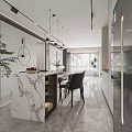 Modern Living Dining Area Interior Design With Marble Table Chairs Pendant Lights and Decor Plants