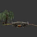 Cartoon Scene With Willow Tree Stone Bridge River Small Boat Wooden Fence And Green Grass