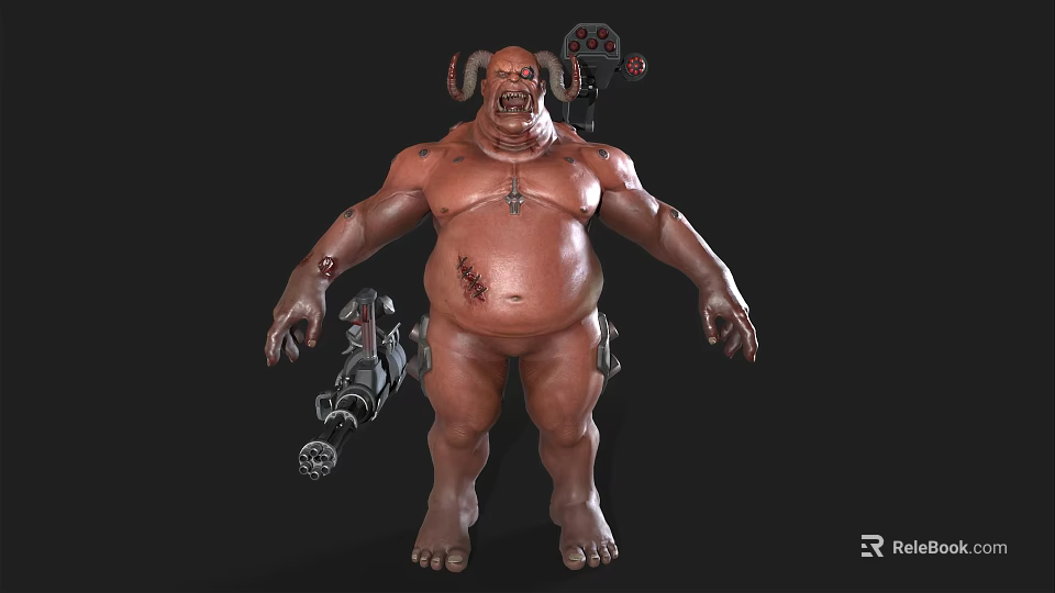 Bulky Horned Game Movie Character With Mechanical Weapon Belly Scar And Brown Skin 3d model 