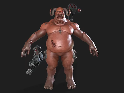 Bulky Horned Game Movie Character With Mechanical Weapon Belly Scar And Brown Skin 3d model