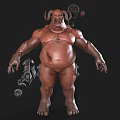 Bulky Horned Game Movie Character With Mechanical Weapon Belly Scar And Brown Skin