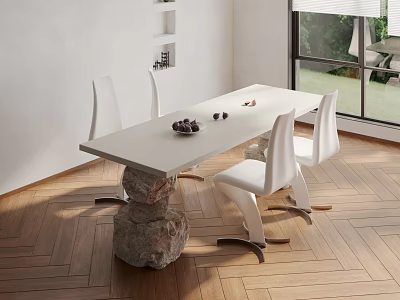 Modern Dining Table Set With White Top Stone Base And White Chairs On Wooden Floor 3d model