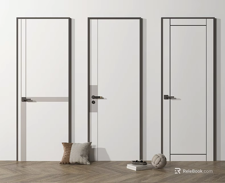 Three Modern Swing Doors Interior Design With White Panels And Black Frames On Wooden Floor 3d model 