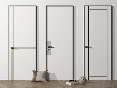 Three Modern Swing Doors Interior Design With White Panels And Black Frames On Wooden Floor 3d model