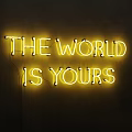 Yellow Neon Decorative Light with THE WORLD IS YOURS Text on Dark Background