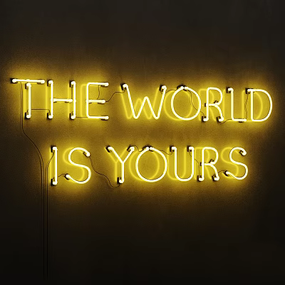 Yellow Neon Decorative Light with THE WORLD IS YOURS Text on Dark Background 3d model