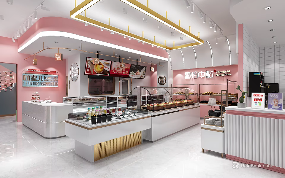 Modern Pink Dessert Shop Interior With Display Cases And Counters 3d model