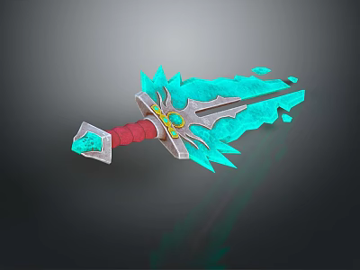 Fantasy Style Ornate Sword With Blue Crystal Blade Red Hilt And Golden Decorations 3d model