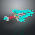 Fantasy Style Ornate Sword With Blue Crystal Blade Red Hilt And Golden Decorations