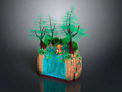 Animated Fantasy Character Sitting On Waterfall With Green Trees And Lush Plants On Rock Base 3d model