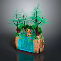 Animated Fantasy Character Sitting On Waterfall With Green Trees And Lush Plants On Rock Base