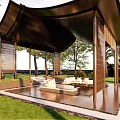 Outdoor Pavilion With Wooden Structure Sofas Coffee Table And Green Lawn Surrounded By Trees