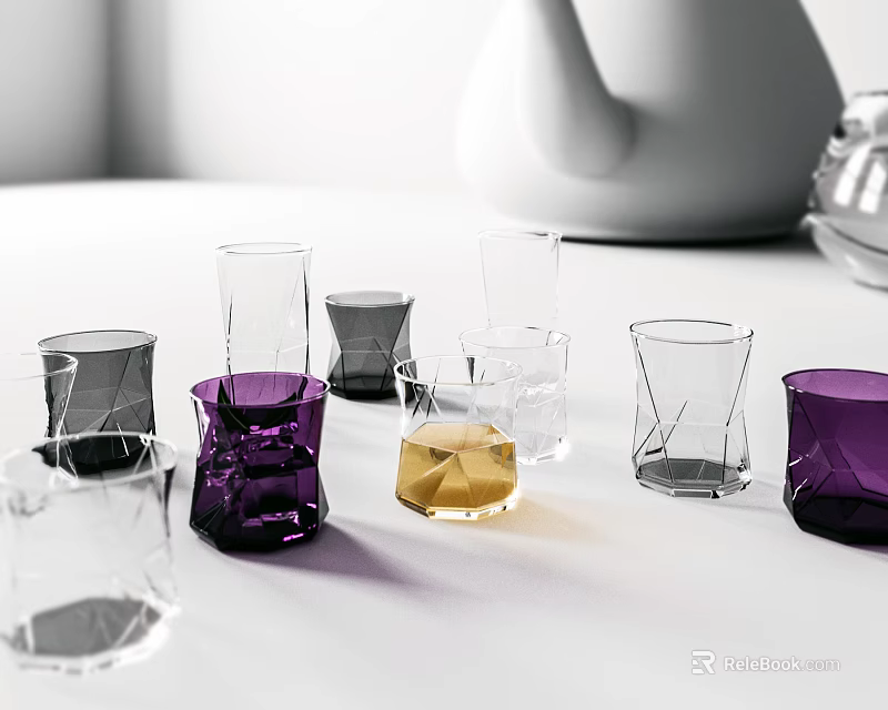Glass Cups In Various Shapes Purple Transparent Black With Yellow Liquid On White Table 3d model 