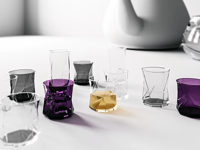 Glass Cups In Various Shapes Purple Transparent Black With Yellow Liquid On White Table 3d model