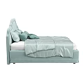 Modern Double Bed Interior Design With Light Blue Curved Headboard And Pillows