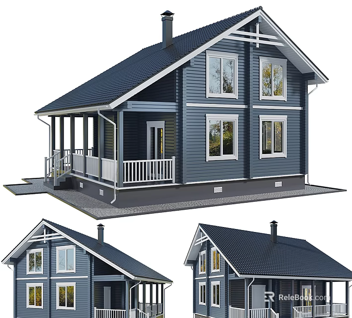 Blue Detached House With White Window Frames Porch Railings Dark Roof And Chimney 3d model 