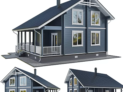 Blue Detached House With White Window Frames Porch Railings Dark Roof And Chimney 3d model