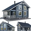 Blue Detached House With White Window Frames Porch Railings Dark Roof And Chimney