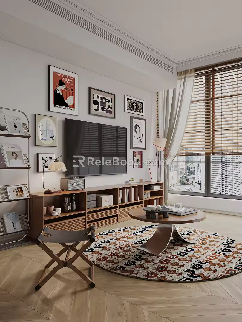 Middle Ancient Cream Style Living Room Bookshelf TV Cabinet TV Hanging Painting Silent Stool Carpet 3d model
