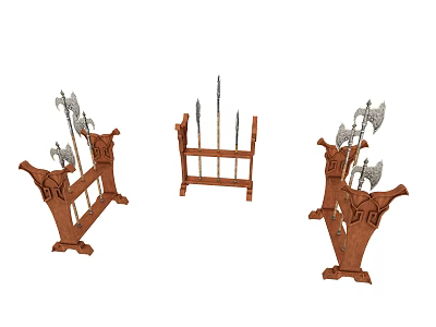 Ancient Style Wooden Weapon Racks With Axes And Spears On 3d model