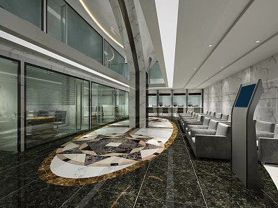 Modern Reception Area Interior Design With Marble Accents Sofa Seating And Patterned Rug 3d model
