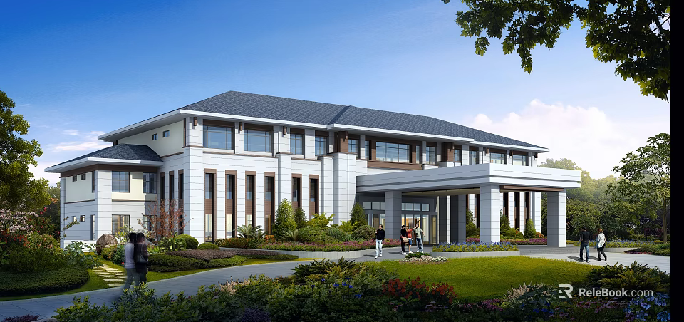 Modern Office Building Exterior with Gray Roof White Facade Large Windows Portico and Landscaped Lawn 3d model 