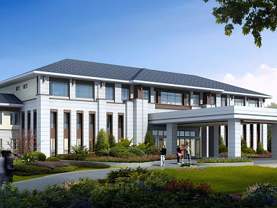 Modern Office Building Exterior with Gray Roof White Facade Large Windows Portico and Landscaped Lawn 3d model
