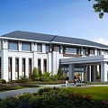 Modern Office Building Exterior with Gray Roof White Facade Large Windows Portico and Landscaped Lawn