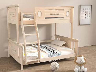 Wooden Bunk Bed for Children's Bedroom with Ladder Mattress and Toys 3d model