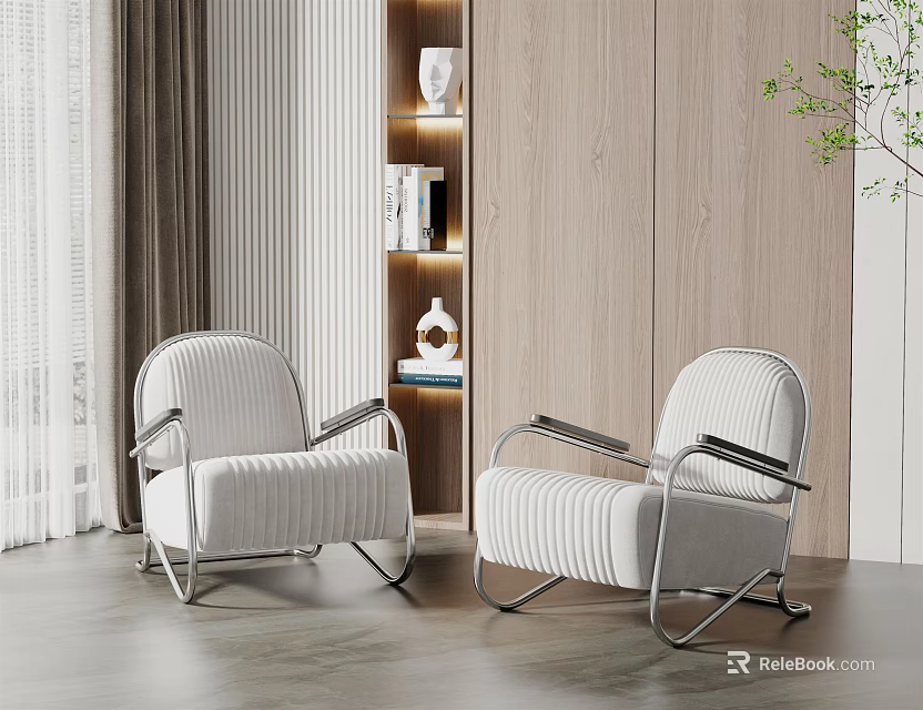 Two Modern White Single Sofas With Metal Frame In Living Room Wooden Wall Green Plant 3d model 