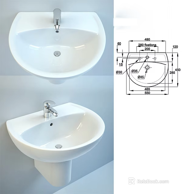 White Ceramic Washbasin with Chrome Faucet and Technical Drawing with Size Details 3d model 