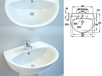 White Ceramic Washbasin with Chrome Faucet and Technical Drawing with Size Details 3d model