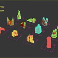 Red 3D Printed Models of Various Shapes Arranged in White Frames on Black Background