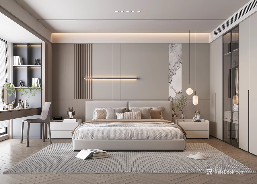 Modern Bedroom Interior Design With Platform Bed Geometric Rug Nightstands And Linear Wall Lamp 3d model 